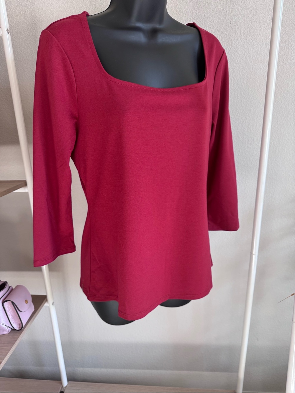 NWT ADRIENNE VITTADINIV Square Neck 3/4 Sleeve Top - Berry Red SZ Med